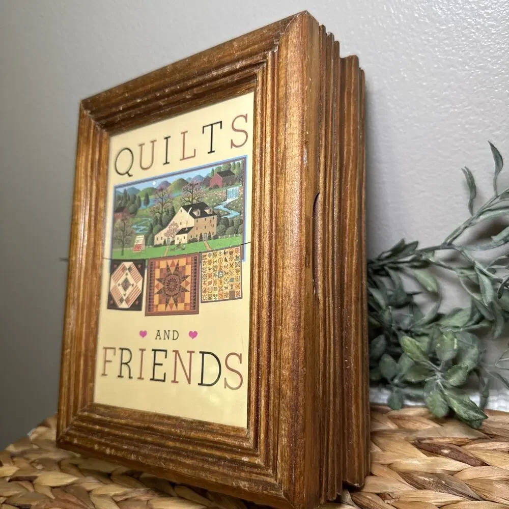 Quilts & Friends Picture Glass Top Keepsake Box Wood Sewing Jewelry Storage Vtg